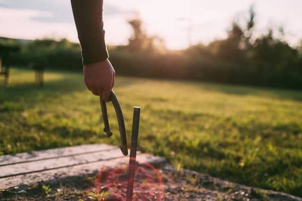 a person is holding a horseshoe for a backyard game